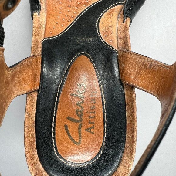Clarks Artisan Sandals Women's Size 6 Black Leather Strappy Cork Wedge Heels - Picture 9 of 12